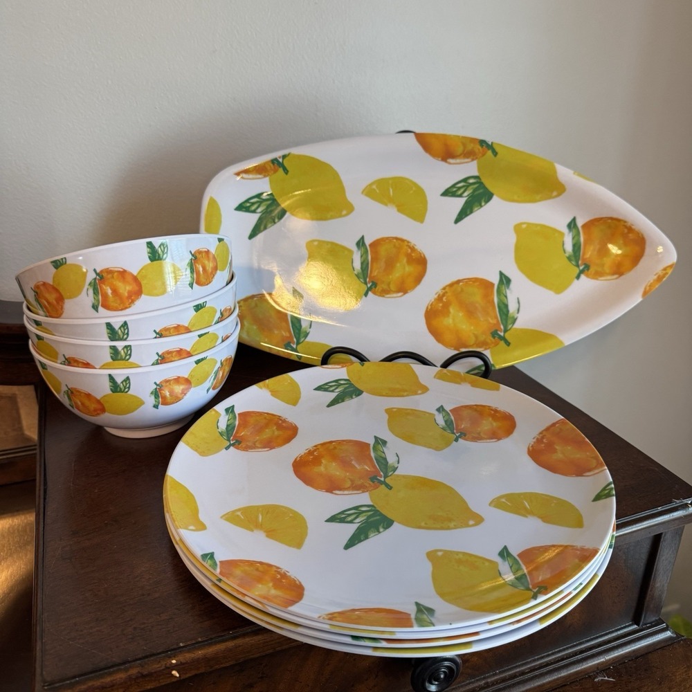 9 Piece - Melamine Oranges/Lemons-11" Large Dinner Plate, 6" Bowls And Platter
